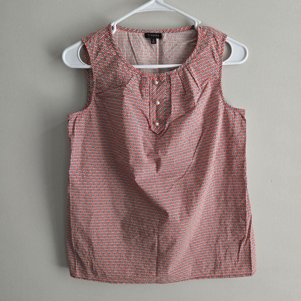 Talbots Size 6 Red Multi Printed Sleeveless Top Faux Pearl Buttons